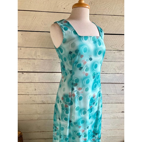 70s green polyester maxi dress Hal Ferman square neck sleeveless - 1970s - Picture 3 of 8